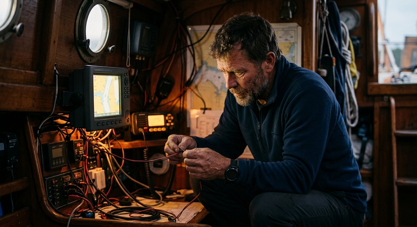 Older sailor tracing wiring between a chartplotter and VHF radio at a sailboat nav station in dim cabin light