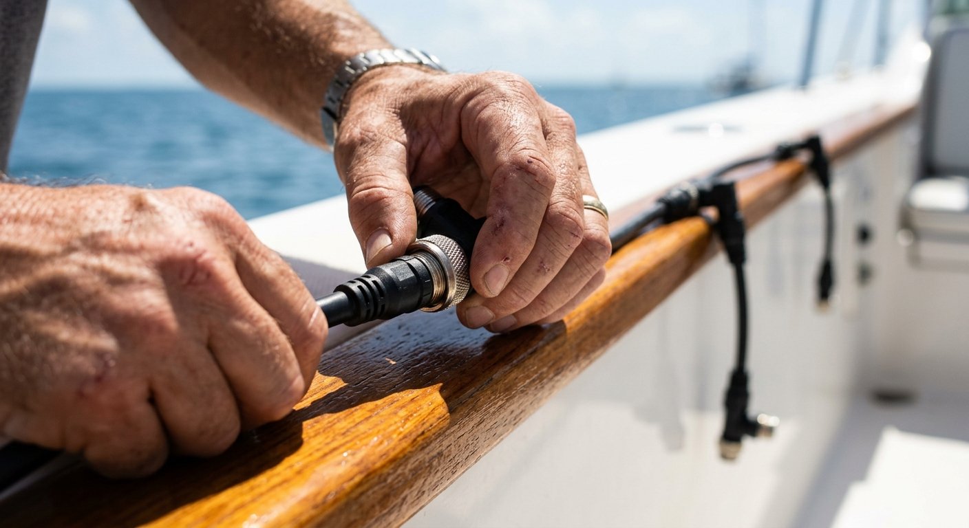 Close-up of hands fastening an NMEA 2000 T-connector onto a network backbone cable on a powerboat rail in sunlight.
