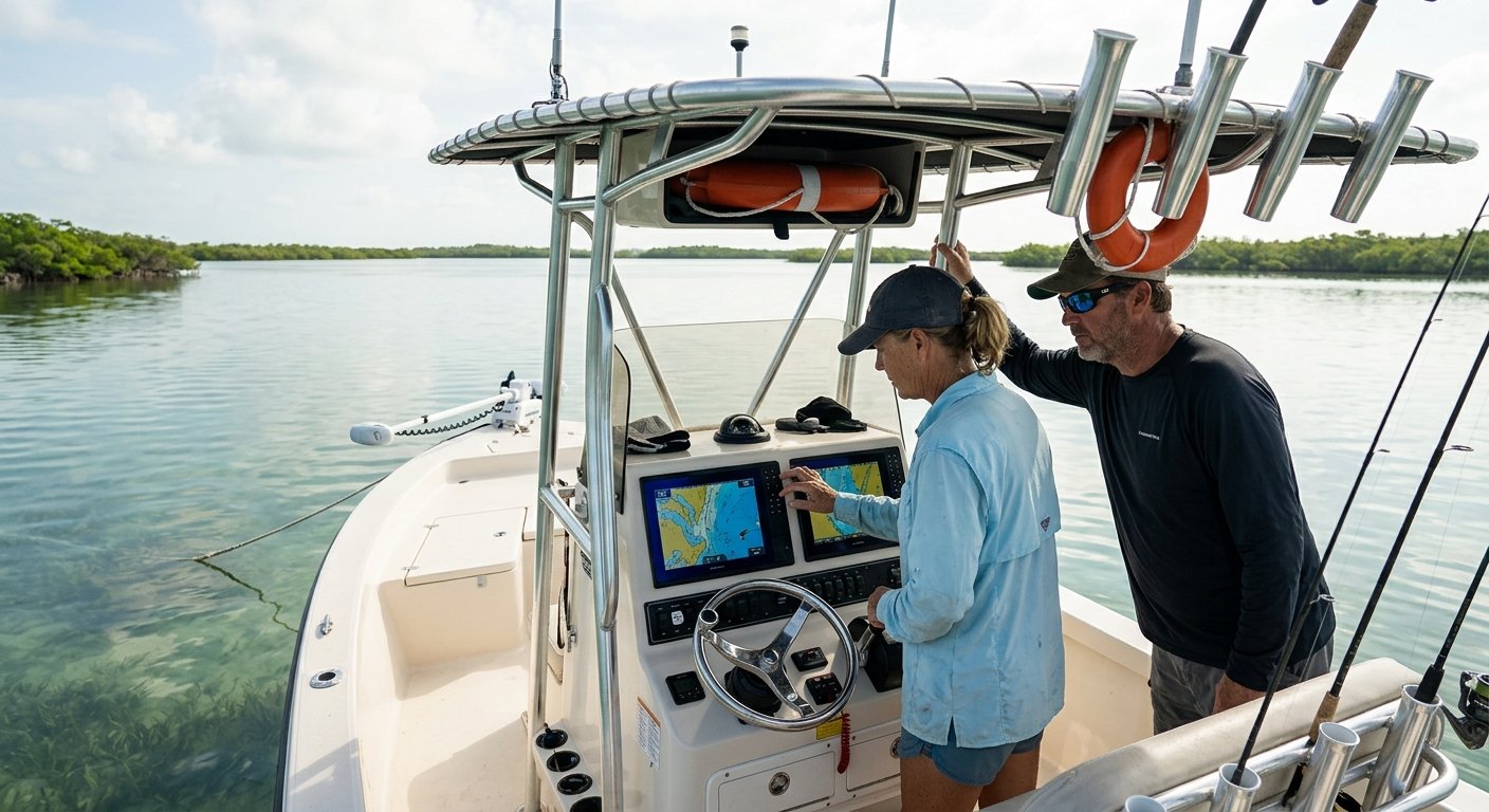 Woman at center console helm studying a chartplotter while a companion looks on, anchored in shallow coastal flats on a calm