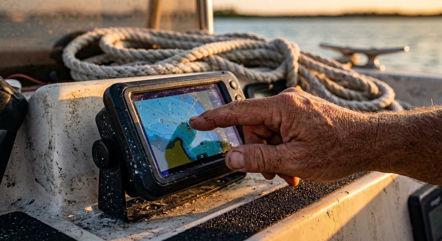 Weathered hand tapping a compact chartplotter screen on a small bay boat console, anchor rope coiled in soft-focus background