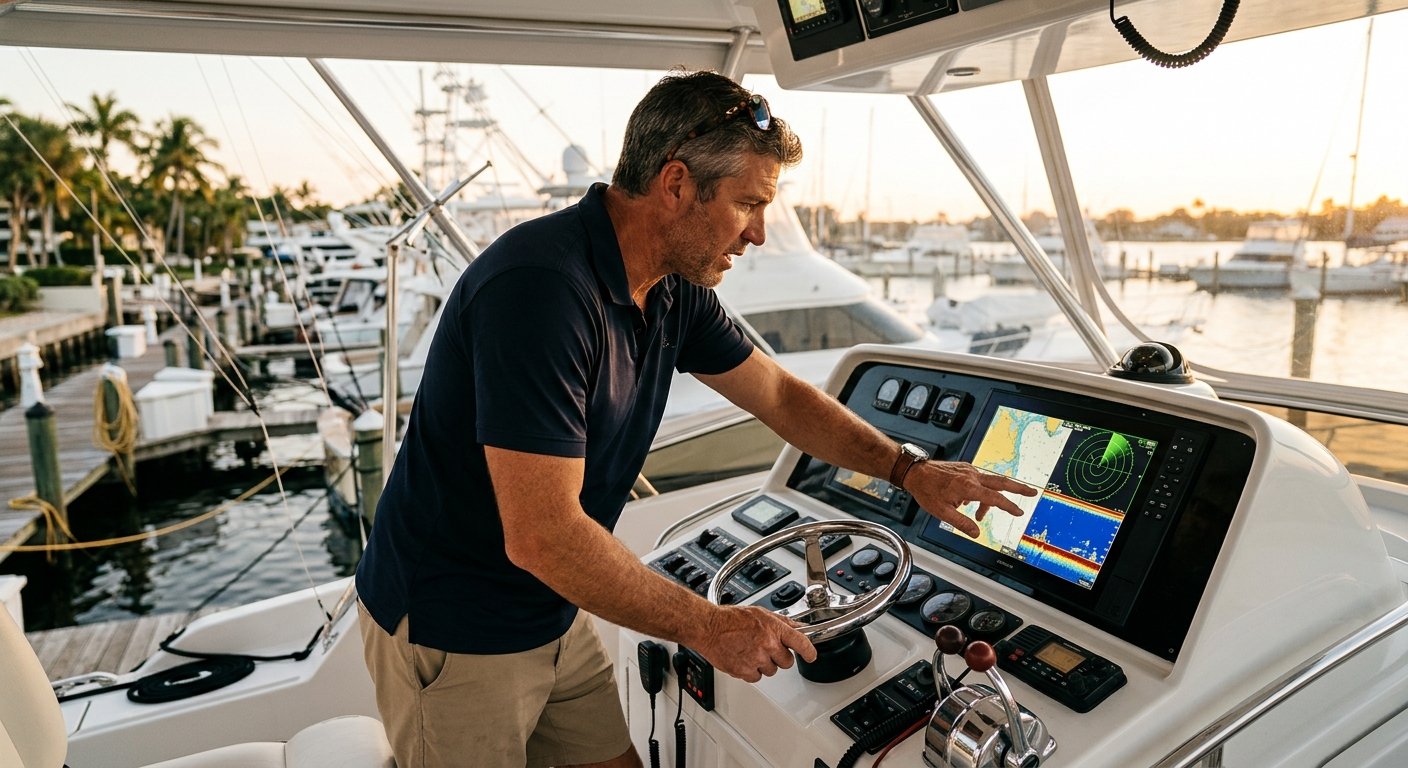 Man aboard a large sportfishing yacht gesturing at a multifunction display showing radar, charts, and sonar at golden hour