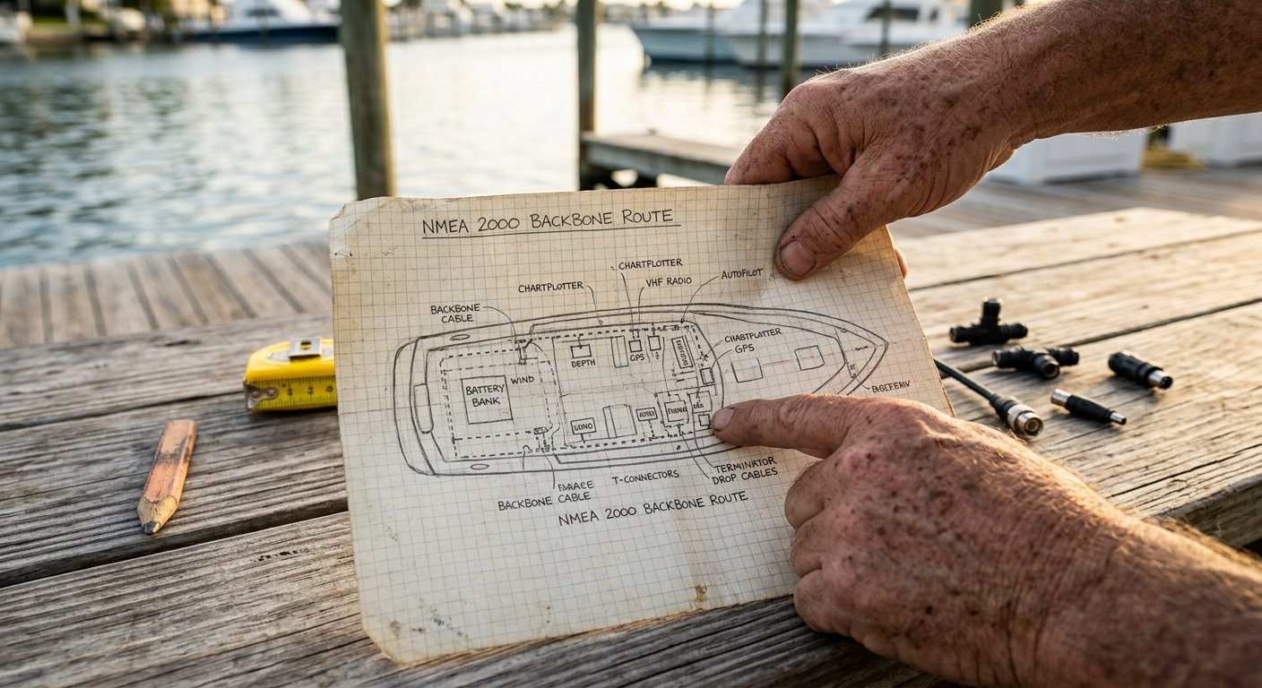 Weathered hands holding a hand-drawn boat layout diagram on graph paper with NMEA 2000 device locations labeled, T-connectors