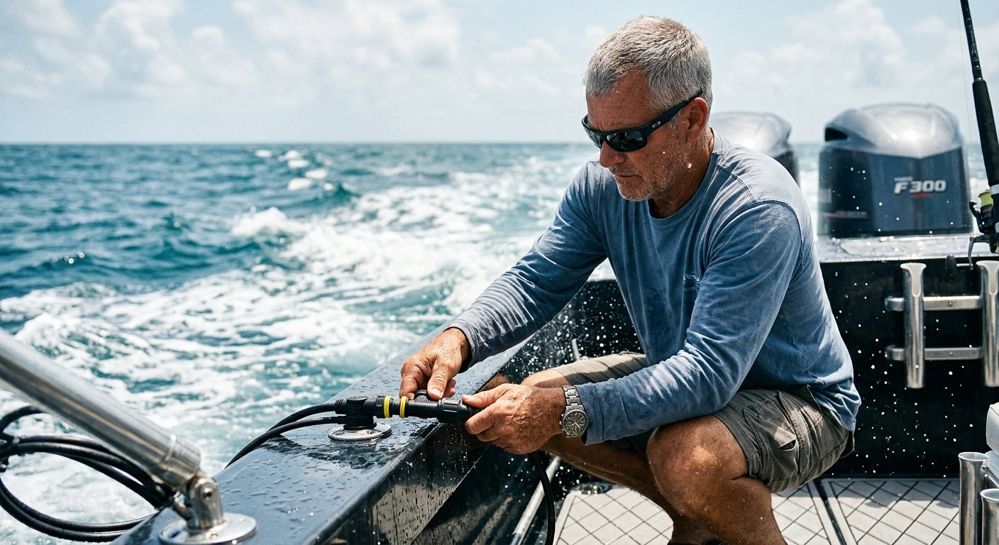 Boater on a moving offshore center-console tightening a waterproof NMEA 2000 connector at the stern with salt spray around hi