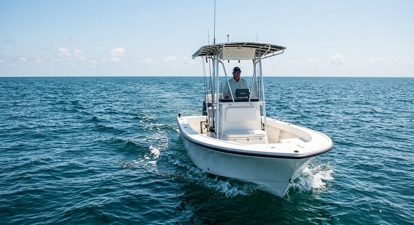 Boater alone at the helm of a center-console boat on open ocean, dark chartplotter screen visible at the helm, no land in sig