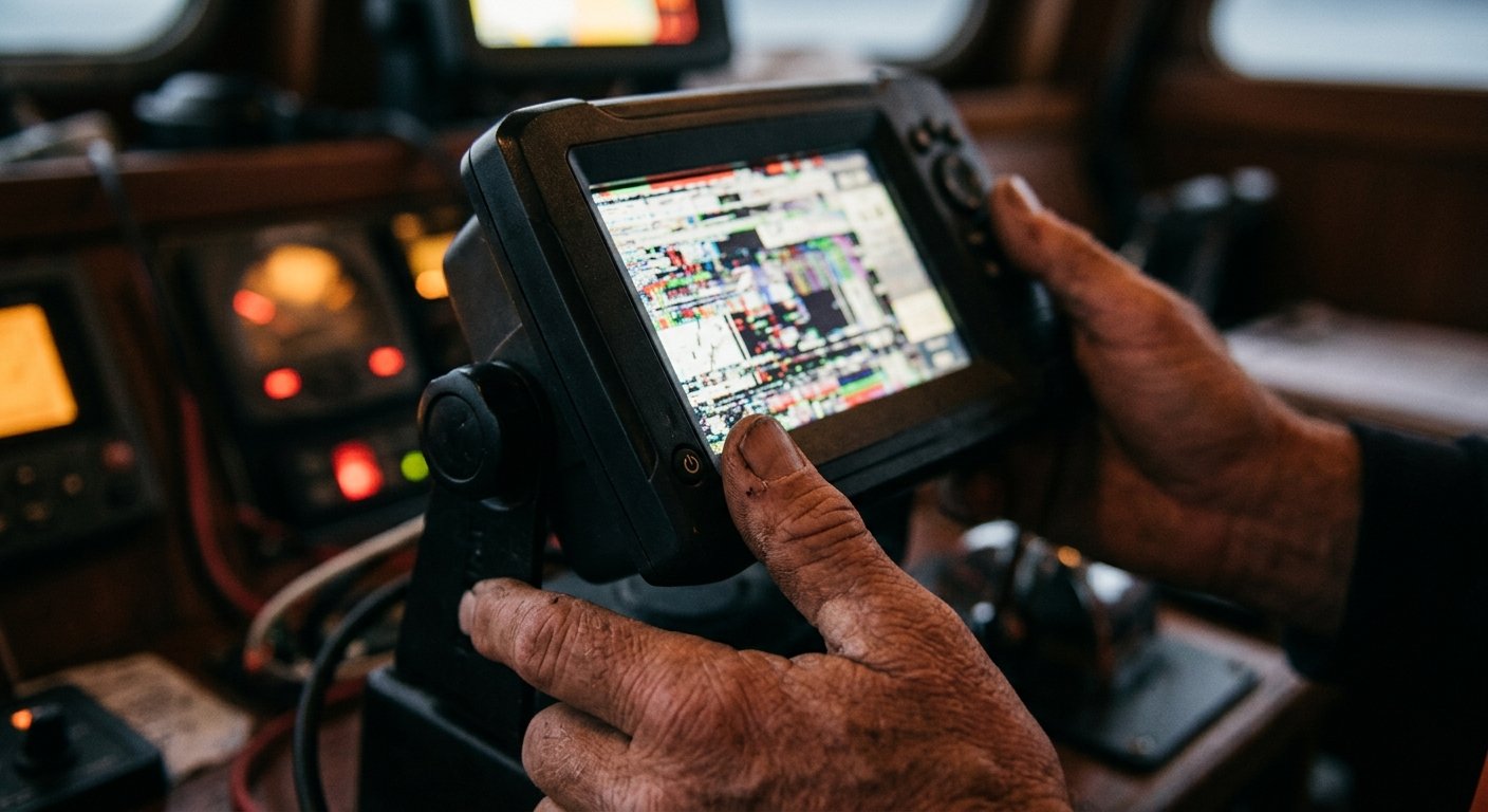 Weathered hands pressing the power button on a chartplotter with a frozen screen, lit by dim pilothouse instrument glow at du