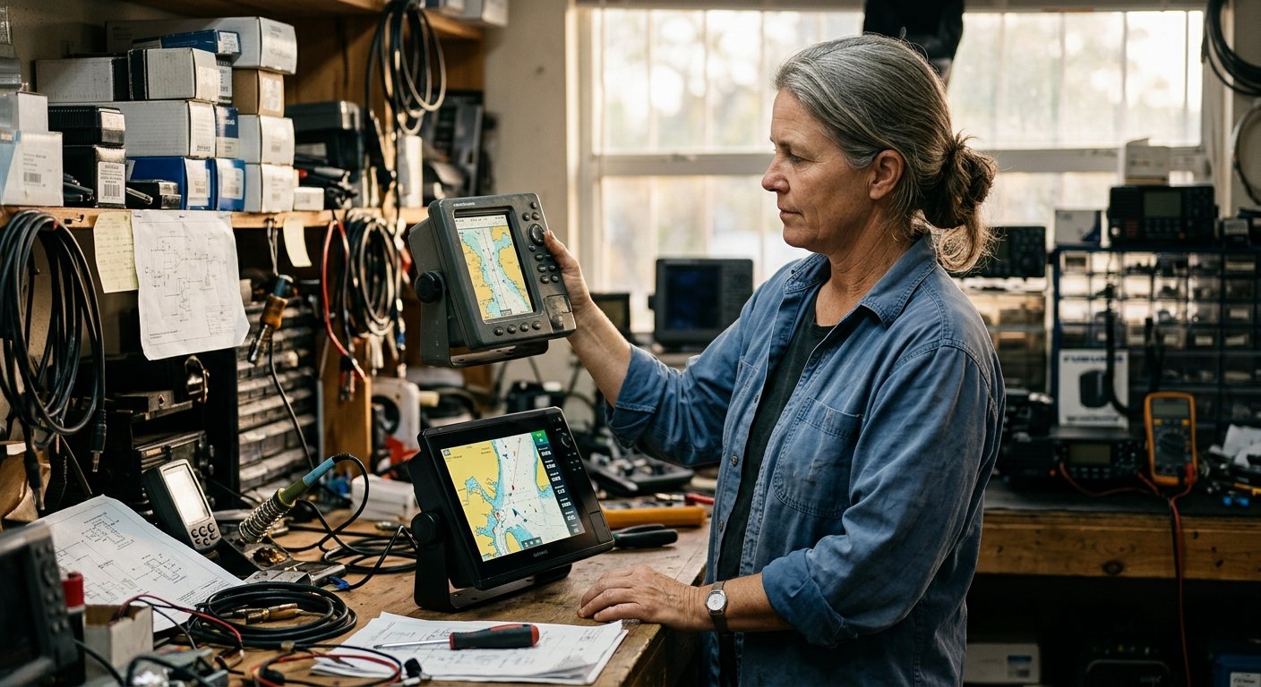 Woman in marine repair shop comparing an old chartplotter to a newer model under warm afternoon light