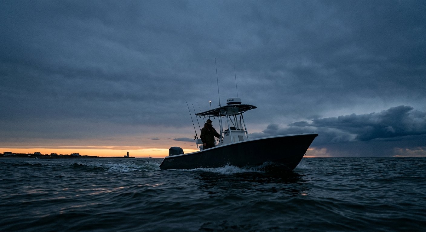 Boater at helm of center-console boat underway at dawn near an inlet, radar dome mounted above console, stormy sky building o