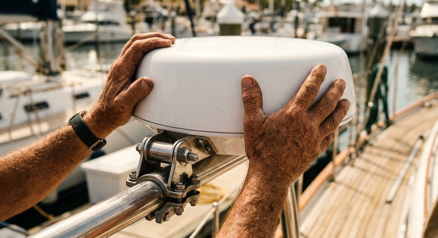 Close-up of hands checking the mounting bracket fit of a white dome radar unit on a boat railing in bright midday light