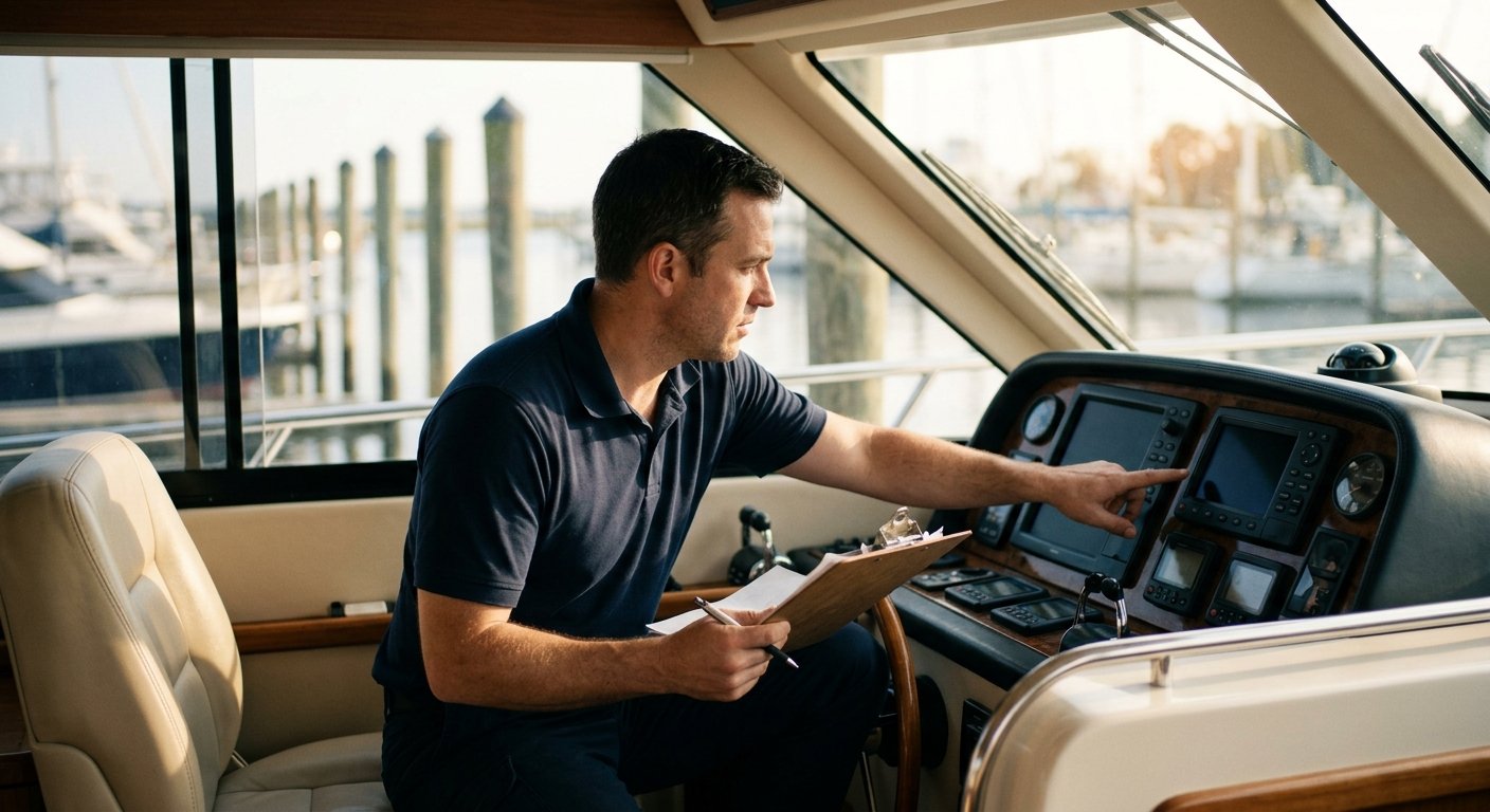 Marine technician crouching at a cabin cruiser helm console, reviewing instrument layout with a clipboard during a vessel sit