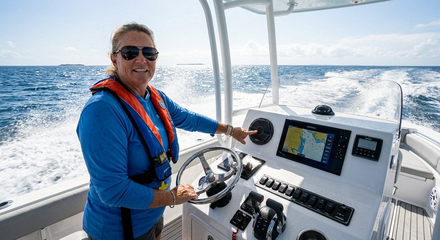 Woman at a saltwater boat helm pointing to a marine speaker on the dash, with open ocean and spray visible behind her
