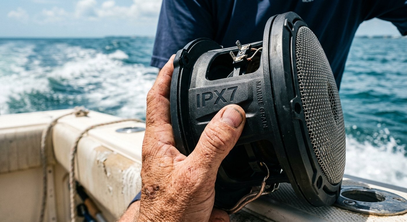 Close-up of a hand holding a marine speaker showing an IPX7 rating stamped into the rear plastic basket, bokeh water backgrou
