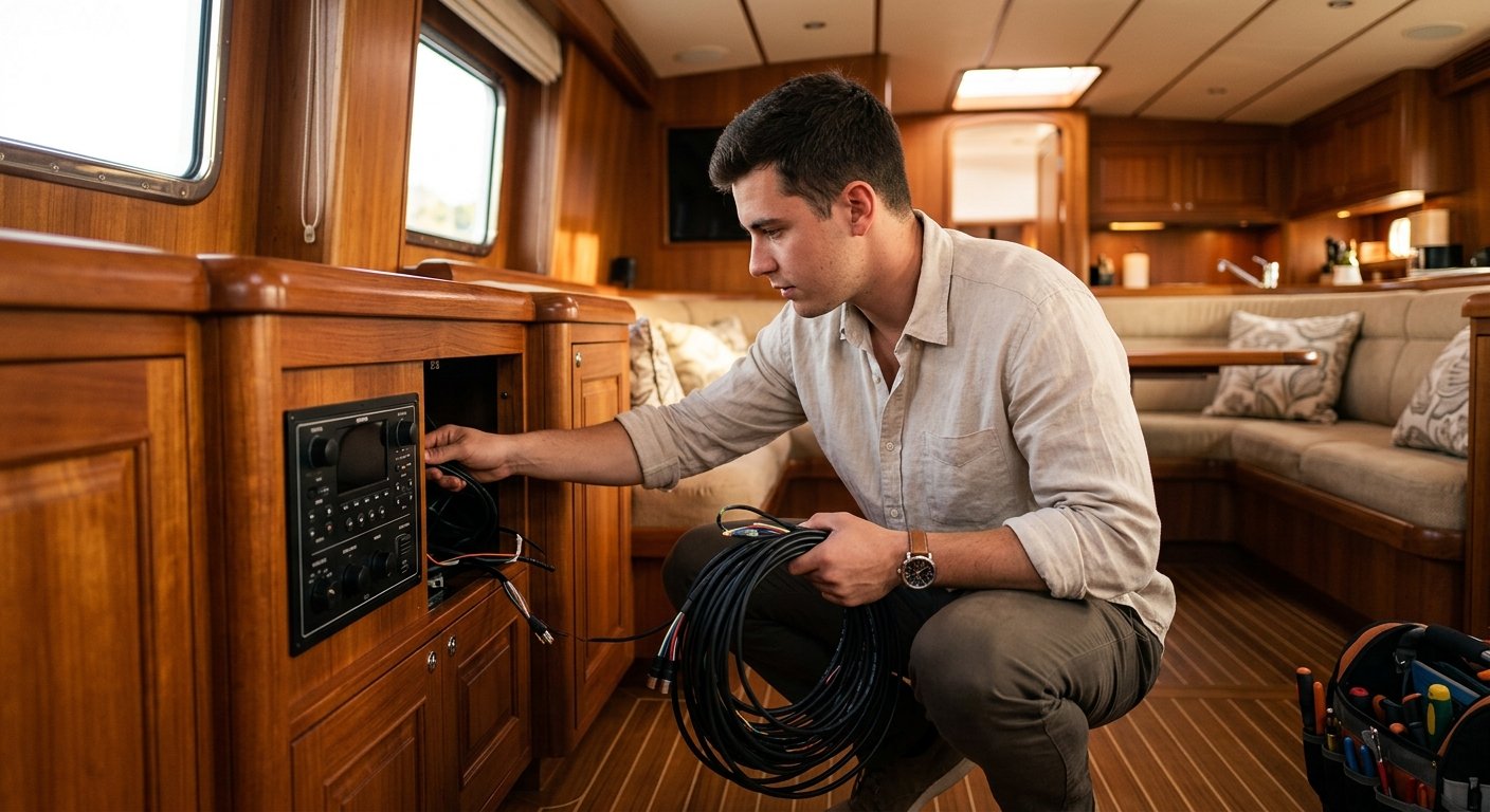 Young man crouching in a yacht salon, installing wiring behind a flush multi-zone audio control panel in teak cabinetry.